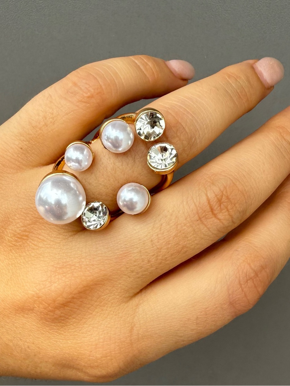 Gold Multi-Pearl and Crystal Statement Ring
